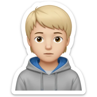Teen boy with blue eyes mixed with a little Brown eyes and a Grey hoodie who stands up with blond short hair and short bangs sticker