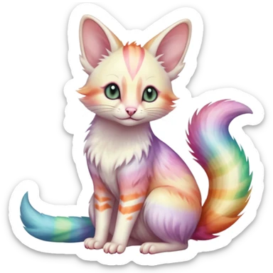  cute adorable pastel-iridescence-gradients albino fur with random colorful iridescent rainbow markings beautiful elegant pretty precious cute  Fakémon-Pokémon-opossum-feline-serval-caracal-chinchilla-Minccino-hybrid-creature with a big fluffy bushy striped tail (full body) sticker
