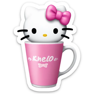 Hello kitty with a pink bow at a all pink coffee shop drinking coffee with a pink bow on the coffe cup￼ sticker