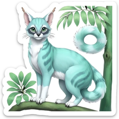 Colorful dark tropical pale light jade-green, mint-blue, whitish pastel white glorious divine exotic cute cool beautiful shiny beautiful fantasy-caracal-civet-genet-sergal-vernid-Gryphon-Cacomistle-Trico-oncilla-animal-Fakémon-hybrid-fursona (full body) sticker