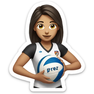 Female girl volleyball player with dark brown hair holding a volleyball with a jersey with the name Pérez on the back sticker
