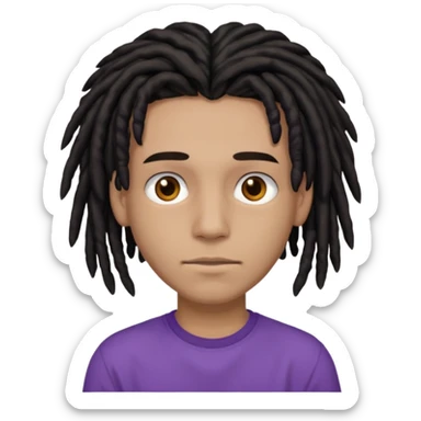 brown teen with black dreads in a middle part with brown eyes and a small faint mustache and purple shirt sticker