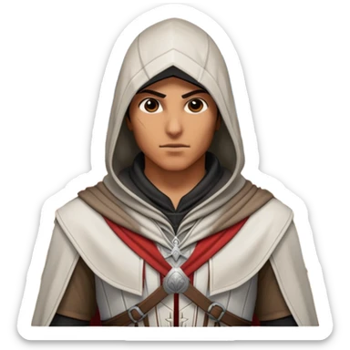 icon featuring Assasin's Creed in an iconic assassin's hood, standing tall against the backdrop of Florence. The design captures the essence of adventure, with intricate details of historical architecture and a sense of mystery. The character is poised, ready for action. transparent background. sticker