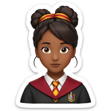 alicia spinnet in harry potter, wear hogwarts gryfindor uniform, black knot bun hair, black skin sticker