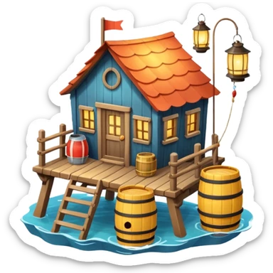 
fisherman house on a wooden pier, small dock, fishing nets hanging, barrels, lantern, ocean vibe, 3D cartoon, cute mobile game icon, clean background, no text
 sticker