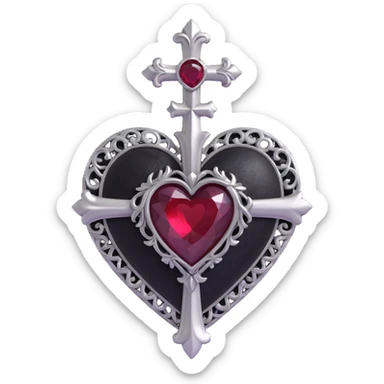gothic heart, black velvet texture, silver cross charm, dark ruby center, ornate and dramatic sticker
