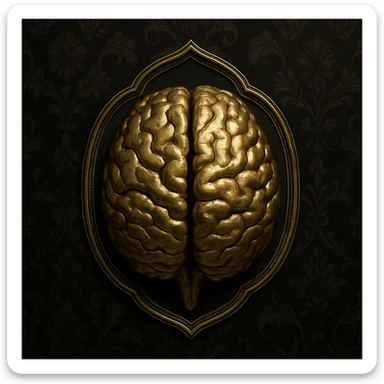 ultrarealistic 3d metallic gold brain symbol representing common sense, set against a dark black Victorian silk patterned background with gothic florals, classic and arcane, mysterious. The brain is the main symbol, highly detailed, inside a thin ornate frame that follows the shape of the brain, giving the interior a spotlight effect. High definition, classic, mysterious, and elegant. sticker