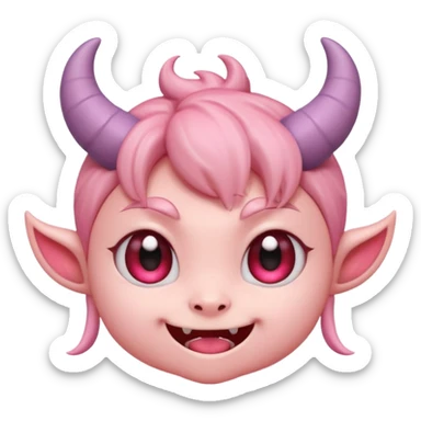 Cute demon cartoon emoji character, chibi proportions, small horns, mischievous smile, big expressive eyes, soft rounded face, tiny fangs, stylized hair, clean smooth shading, simple shapes, friendly not scary,  sticker