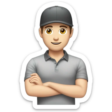 Pale skinned fit Man with dark brown hair in a black cap, gray jeans and dark gray polo T-shirt keeping a pasted with tape white box into his hands sticker