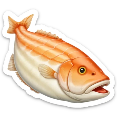 raw cod fillet, white to pale ivory, moist and flaky, curved natural shape, muscle grain lines, slight taper, fresh and clean look, soft lighting, subtle shadows, no plate or garnish, no faces, transparent background, emoji scale sticker