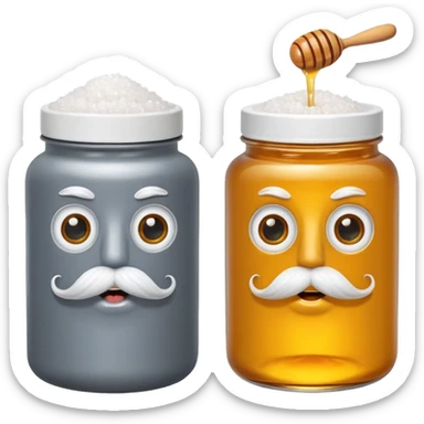 Garama and Madundung are together a gray container of salt and a honey container with a cloth on top. They each have eyes with white in the middle, a mouth, nose, and mustache both customary to their colors. They have hairy legs and emit an aura of salt (Garama), and honey (Madundung). sticker