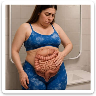 A slender woman in 4K in front of the bathroom mirror, observing a bloated belly, with an anatomical overlay showing the position of the intestine and pelvic floor, inspired by the reference photo. sticker