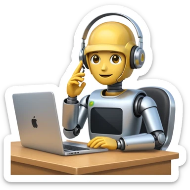 flat apple-style emoji of a recruiter robot at a desk, headset on, typing on a laptop, cute sticker