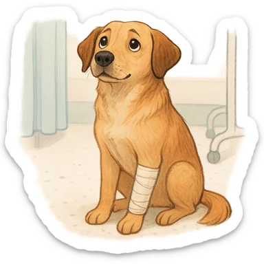 dog with a shaved leg and a bandage, sitting up, looking hopeful, gentle medical care context sticker