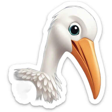  white stork with a long beak. The stork is carrying a bundle of cloth in its beak that has a cute baby human and his face peeking out from it sticker