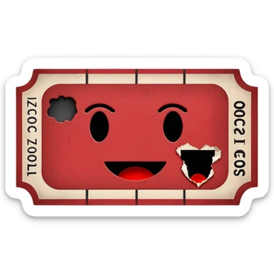 Minimalist emoji-style sticker of an old torn cinema ticket, blood-stained edges and burn holes, grayscale paper

 sticker