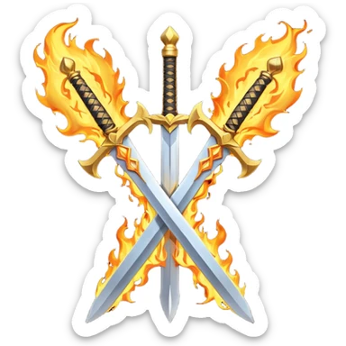 Two powerful on fire fully golden fiery royal crossed swords sticker