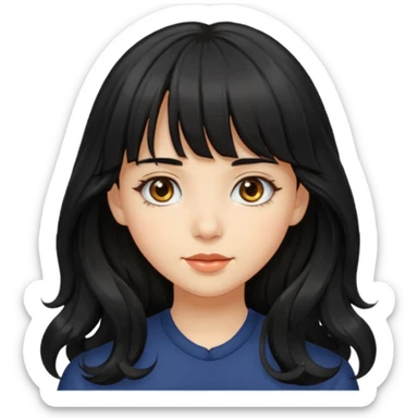 A girl with long, wavy black hair with bangs and medium-sized hazel eyes sticker