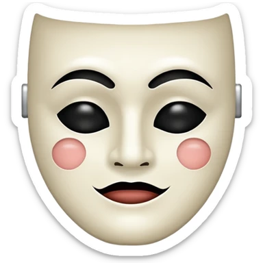 Half happy half sad face, split down middle half smile half frown on white theater mask, black mouth black eyes sticker
