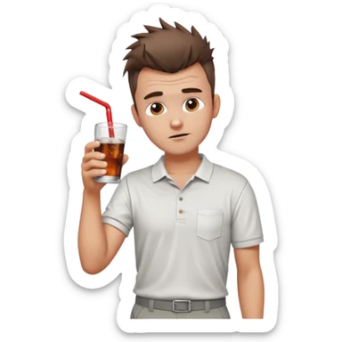 Handsome male.short messy brown hair.mowhawk hairstyle. wearing white golf shirt.grey shorts. Drinking brandy and coke . Drunk. No straw sticker