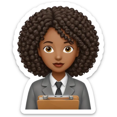 black professional woman with curly hair and a clipboard sticker