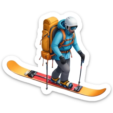 Icon for Mountain Tourism: a snow-covered peak in the distance, with skis, a snowboard, climbing gear, a backpack, and a camera. The icon should represent the adventure and exploration of mountain landscapes. Transparent background. sticker
