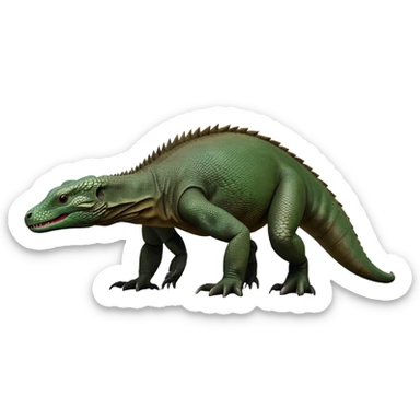 cinematic-komodo-dragon-realistic-full-body-standing on all fours-emoji,-massive-scaled-body-poised-with-quiet-power,-rough-textured-skin-dark-green-and-dark brown, black,-head-tilted-dramatically,-long-forked-tongue-flicking-out,-simplified-yet-realistic-focused-features,-highly-detailed,-glowing-with-an-almost-sarcastic-glow

 sticker