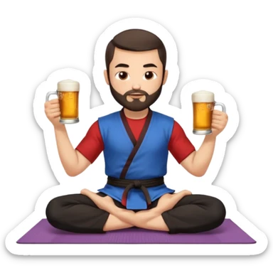 slavic guy with dark brown hair and beard, sitting in yoga pose on a mat, kung fu clothes, short dark hair, holding beer mugs in two hands, sitting sticker