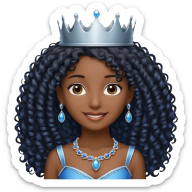 Por favor hazme el emoji de la princesa pero morena con el pelo negro y rizado y largo, los ojos marrones y la corona plateada con jollas azules sticker