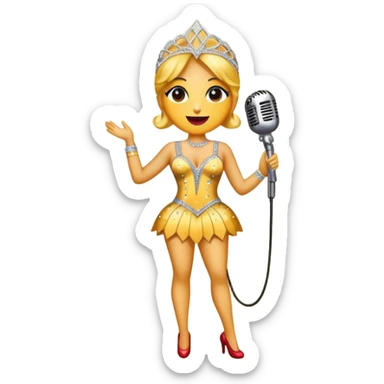 Create a glamorous and eye-catching emoji representing stage vocals, featuring a vintage stage microphone as the central element. Surround the microphone with a vibrant, sparkling stage costume covered in rhinestones, capturing the essence of a classic stage performance. The costume should be flashy, with shiny accents and a dazzling effect to evoke the energy and elegance of a live performance. Add subtle musical notes floating around to emphasize the connection to singing. Use bright, bold colors like gold, silver, and deep reds, along with glittering details to create a luxurious and dynamic atmosphere. The background should be transparent. sticker