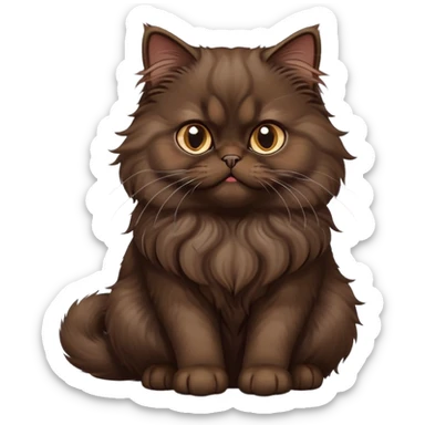 cinematic-[dark brown persian cat]-realistic-full-body-sitting-emoji,-tail-curled-playfully-around-its-paws,-head-tilted-dramatically,-fluffy-[dark brown]-fur,-simplified-yet-realistic-focused-features,-highly-detailed,-glowing-with-an-almost-sarcastic-glow sticker