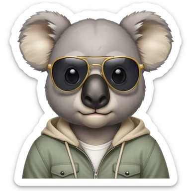 anthropomorphised koala, head and shoulders, casual clothing, dark sunglasses, fierce expression with different look sticker