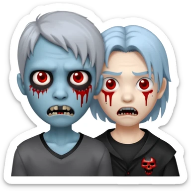Create a 3D emoji-style avatar with very pale blue-grey zombie skin like the reference image, a young Asian face, and large eyes with blood tears. Give it white mullet-style hair, silver hoop earrings, and a plain black T-shirt. The face expression should be slightly angry, with vampire fang sticker