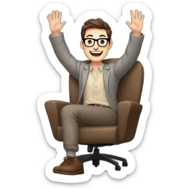 Joyful Celebrating victory Hands up Pale skinned Fit Man With dark brown hair in gray jacket, beige office shirt, Brown pants and vintage glasses sitting In a soft chair sticker