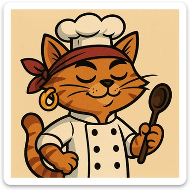 cool cat chef with a big gold earring and a bandana, cartoon style, no text sticker