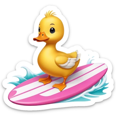 A cute small duck surfing on a really big pink surf board sticker