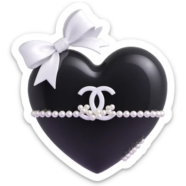 Add a white bow to the heart with pearls and white Chanel logo, keep it elegant, glossy, black and white, 3D emoji style. sticker