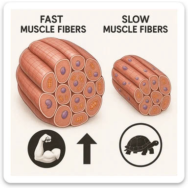 hyper realistic illustration comparing fast and slow muscle fibers, fast fibers appear very hypertrophic and bulky, icons of power and growth, cellular details, educational atmosphere, white background sticker