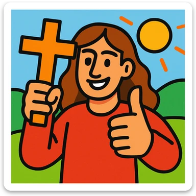 person with long brown hair holding a cross and giving a thumbs up, vibrant cartoon style sticker