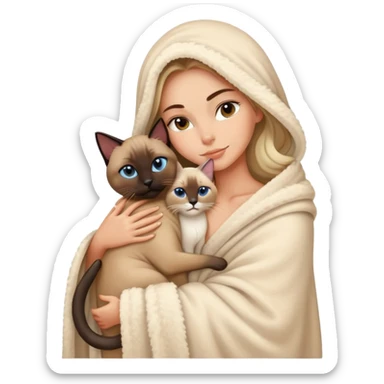 A beautiful and sexy Caucasian girl wrapped in a blanket hugging a Siamese cat sticker