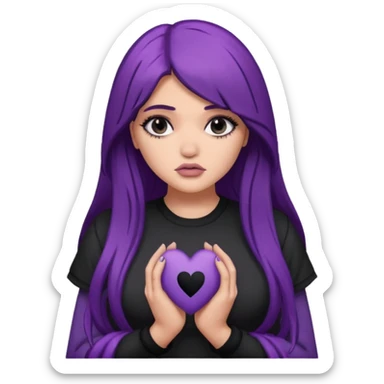 A Kylie Jenner with long purple hair is sad and holds a black heart in her hands sticker