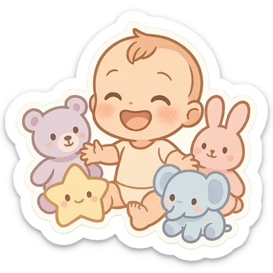 playful emoji showing a seated baby with big smile surrounded by pastel plush toys in various shapes and colors, gentle innocent warm atmosphere, perfect for emoji scale sticker