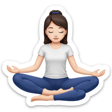 brunette girl with closed eyes in dark blue leggings and a white t-shirt sits on the splits sticker