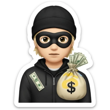 robber wears black eye mask and black beanies with money bag beside him sticker