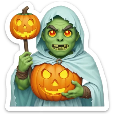 male orc warrior ghost emoji, green skin, wearing torn white ghost sheet costume, holding glowing jack-o'-lantern, faint blue aura, friendly but spooky expression, Halloween fantasy theme, Apple emoji style, clean white background, square sticker