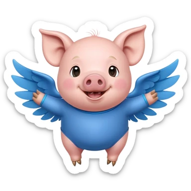 Create a cheerful, realistic cartoon character of a pig with a round body, wearing a blue outfit and small wings, smiling joyfully sticker