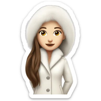 Beautiful white girl with straight brown long hair in white fur-coat sticker