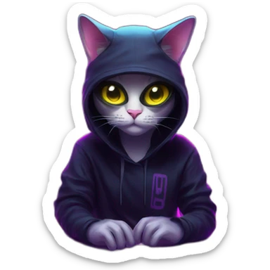 cat wearing a black hoodie with "OMG" letters on it and VR headset in a cyberpunk VR environment with violet neon lighting. sticker
