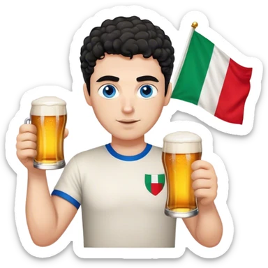 white guy thick eyebrows blue eyes with short curly black hair holding beer wearing a shirt with the italian flag sticker
