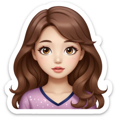 “korean brown hair Emoji girl, soft eyeliner and blush, gradient lips, light brown shimmer eyeshadow, sparkly aegyo-sal, long wavy hair,  sticker